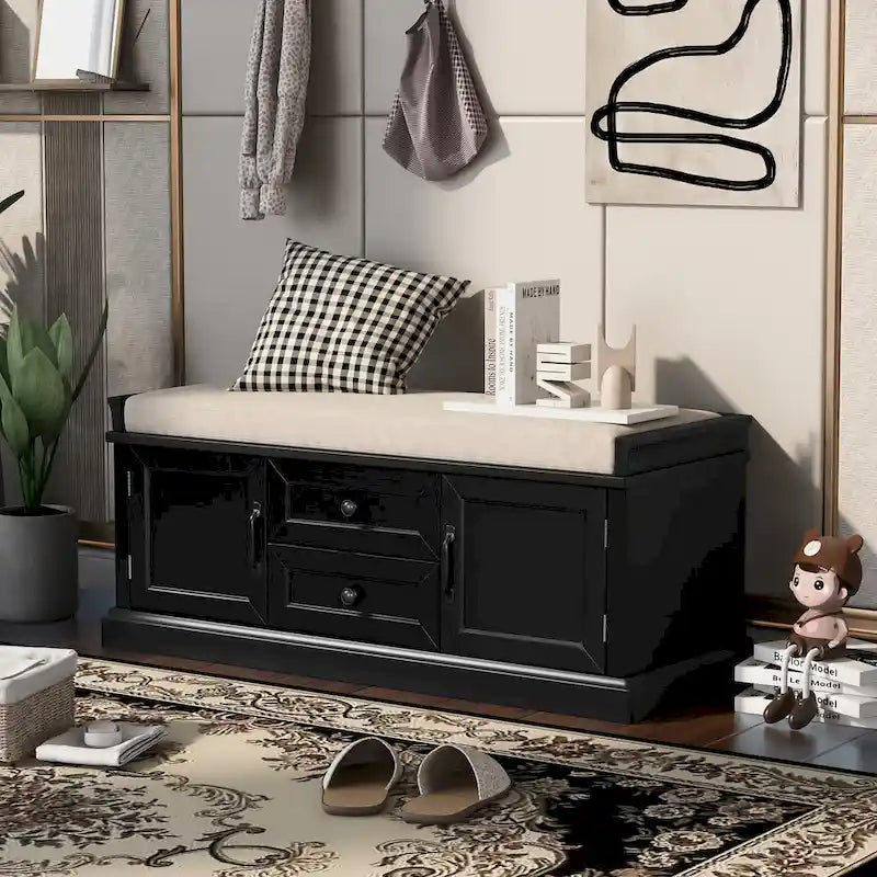 Banc de rangement avec coussin, 2 tiroirs et 2 placards, 1 personne, Gris délavé / Blanc / Noir / Bleu marine antique