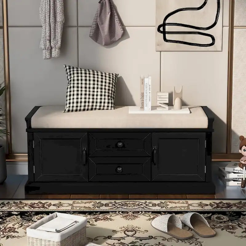 Banc de rangement avec coussin, 2 tiroirs et 2 placards, 1 personne, Gris délavé / Blanc / Noir / Bleu marine antique