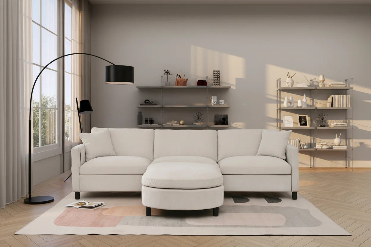 Canapé 4 places en tissu beige avec pouf amovible