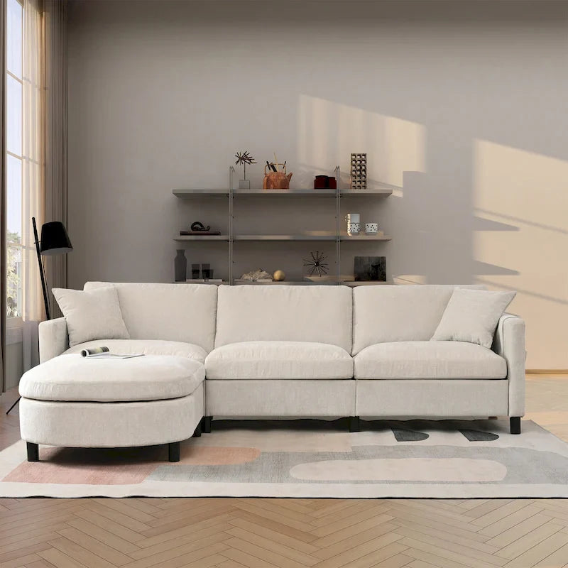 Canapé 4 places en tissu beige avec pouf amovible
