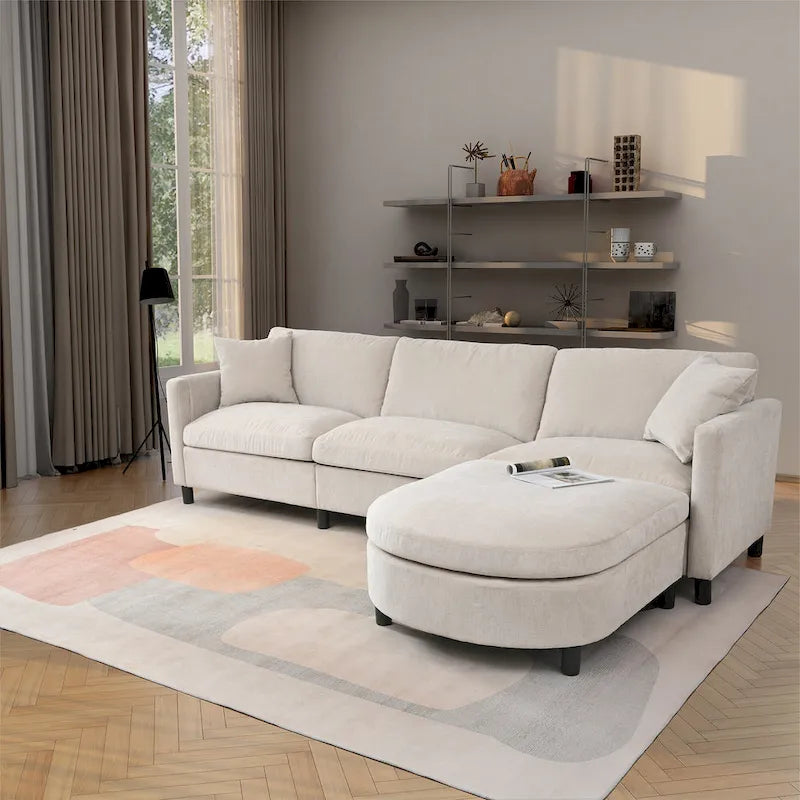Canapé 4 places en tissu beige avec pouf amovible