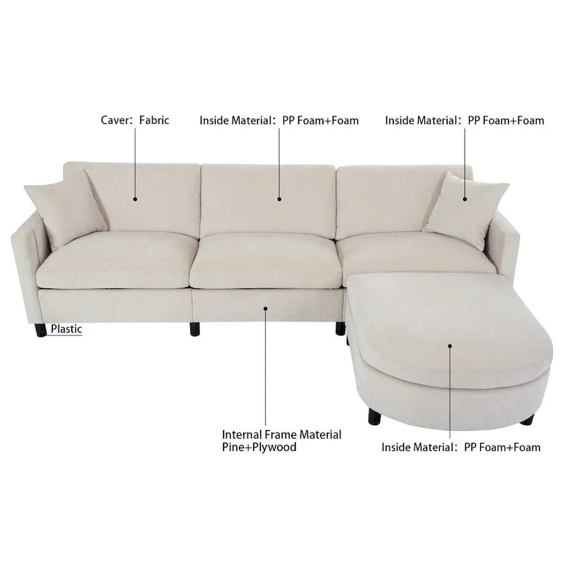 Canapé 4 places en tissu beige avec pouf amovible