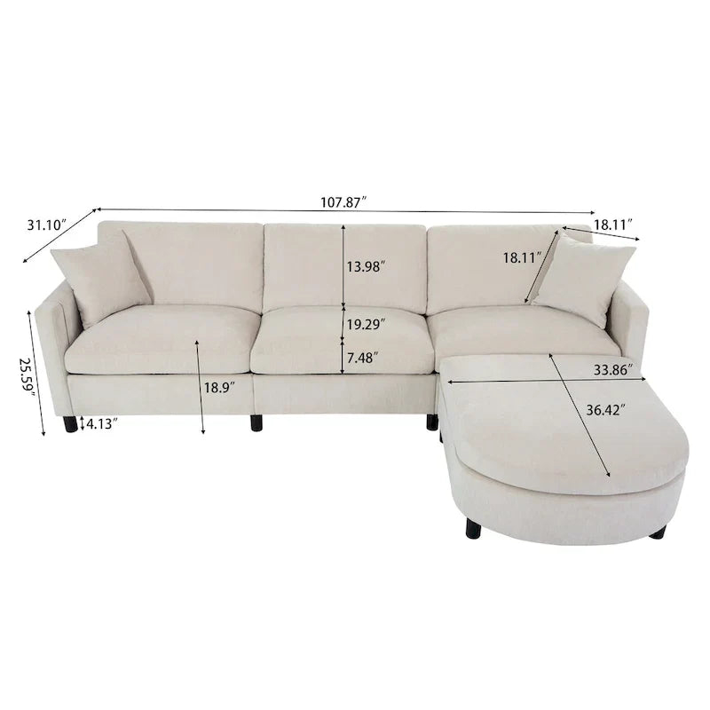 Canapé 4 places en tissu beige avec pouf amovible