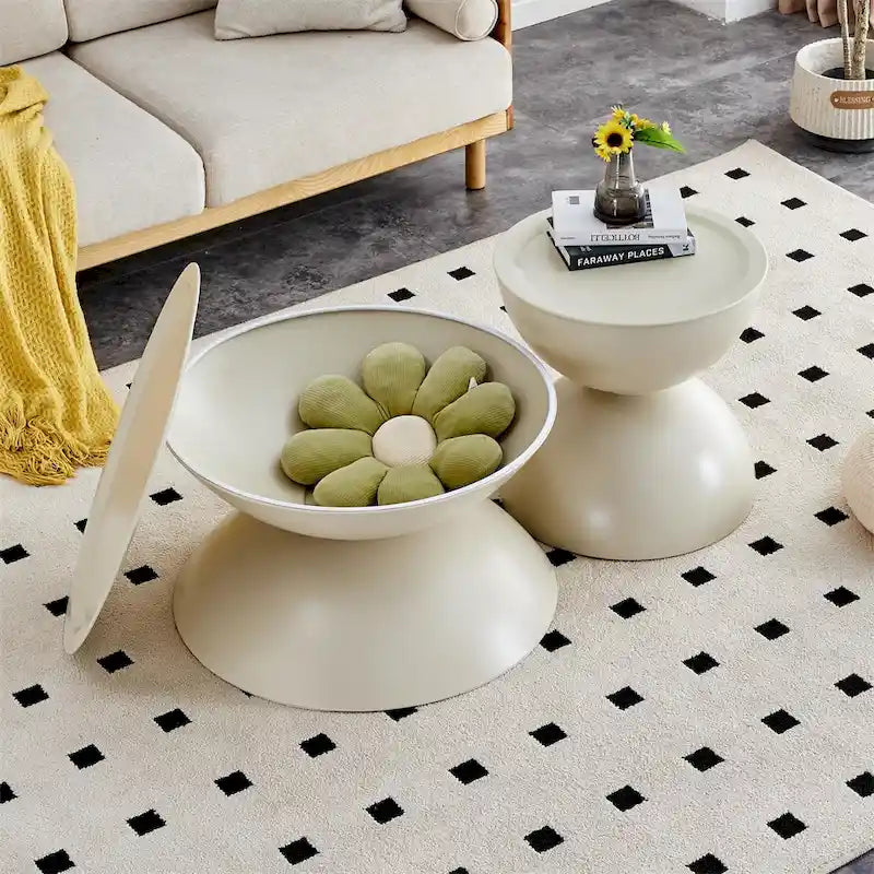 Tables basses rondes avec piètement en métal, noir mat / blanc laiteux, lot de 2