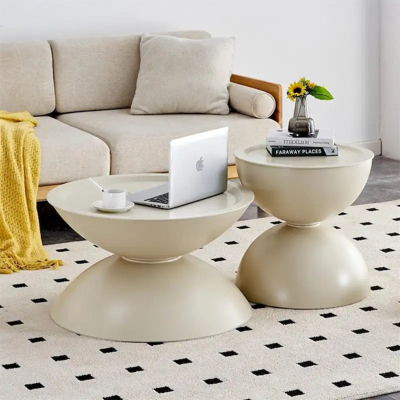 Tables basses rondes avec piètement en métal, noir mat / blanc laiteux, lot de 2