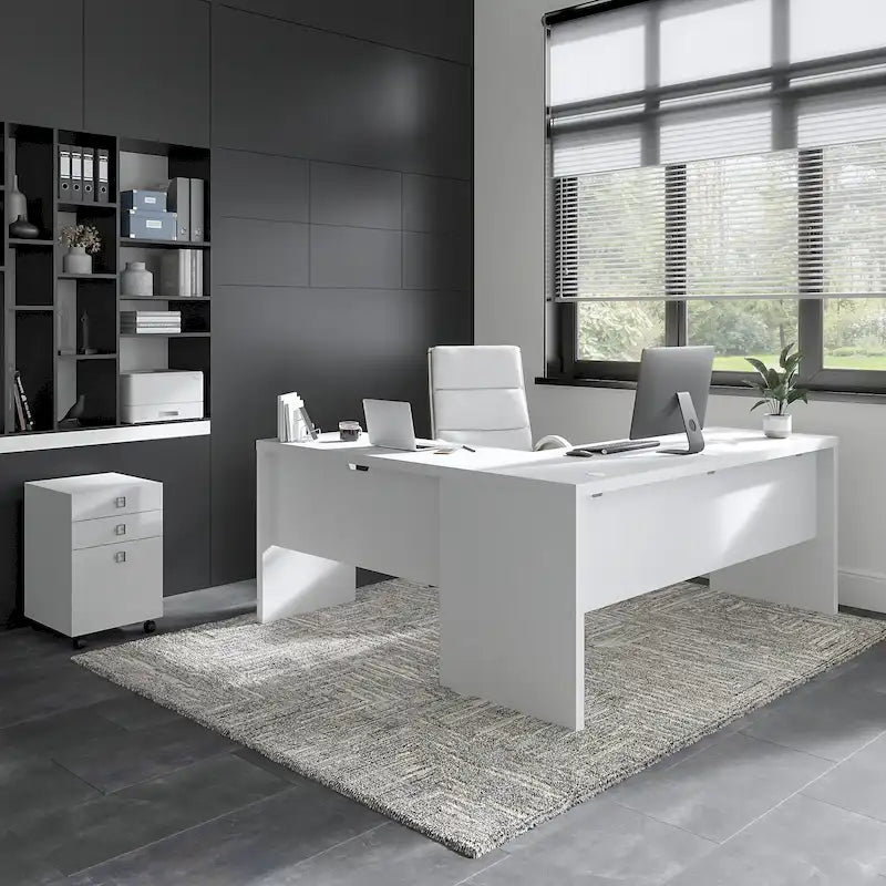Bureau informatique en L blanc pur avec classeur mobile à 3 tiroirs, 183 cm de large, pour 1 personne