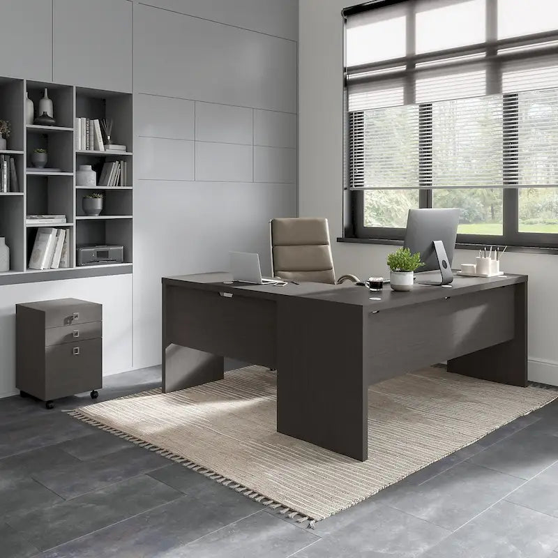 Bureau informatique en L blanc pur avec classeur mobile à 3 tiroirs, 183 cm de large, pour 1 personne