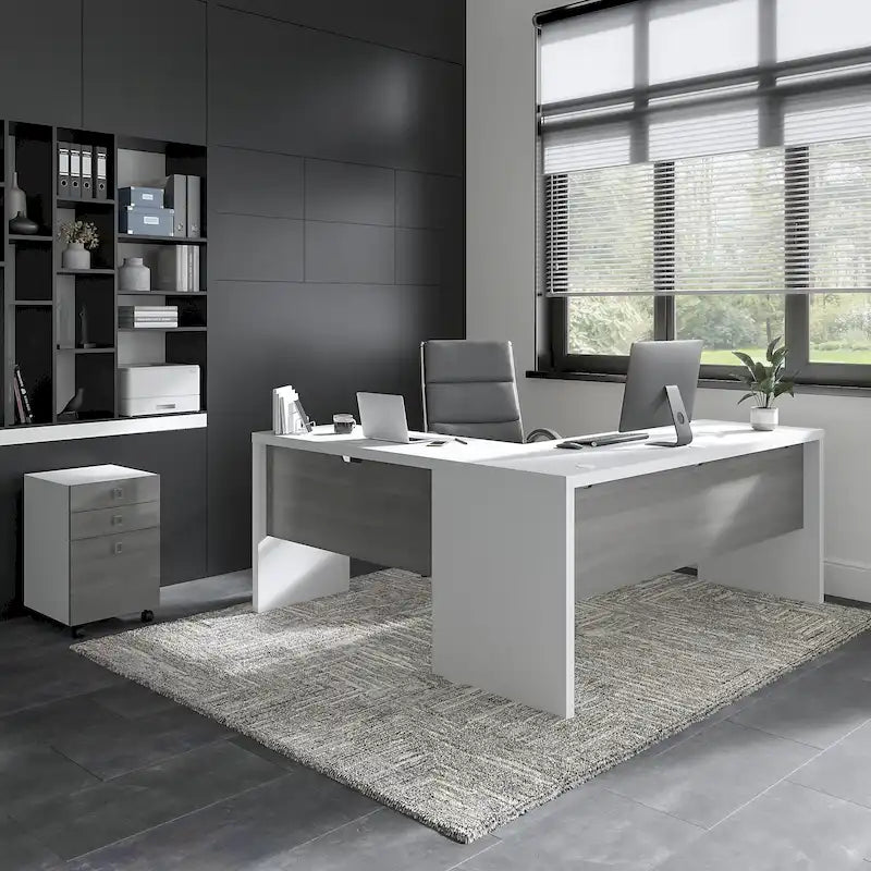 Bureau informatique en L blanc pur avec classeur mobile à 3 tiroirs, 183 cm de large, pour 1 personne