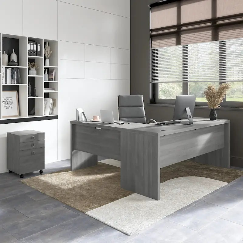 Bureau informatique en L blanc pur avec classeur mobile à 3 tiroirs, 183 cm de large, pour 1 personne