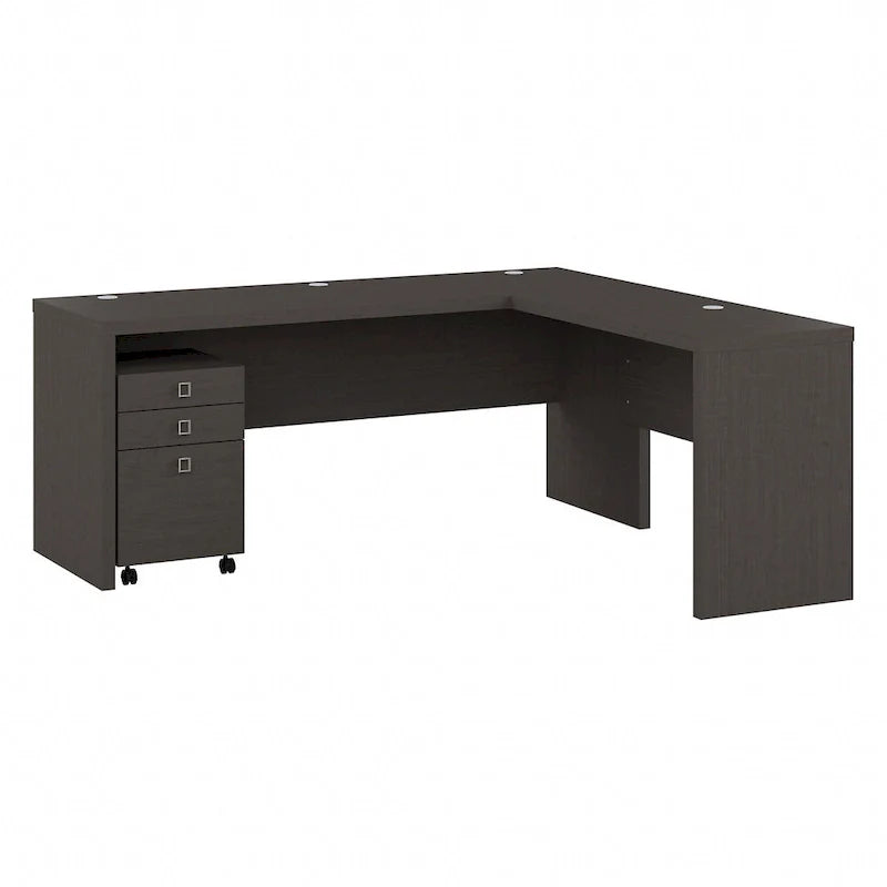 Bureau informatique en L blanc pur avec classeur mobile à 3 tiroirs, 183 cm de large, pour 1 personne