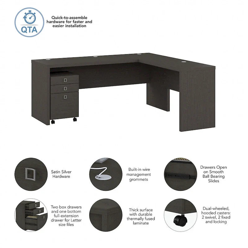 Bureau informatique en L blanc pur avec classeur mobile à 3 tiroirs, 183 cm de large, pour 1 personne