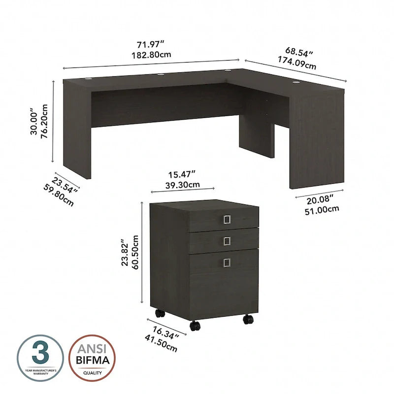 Bureau informatique en L blanc pur avec classeur mobile à 3 tiroirs, 183 cm de large, pour 1 personne