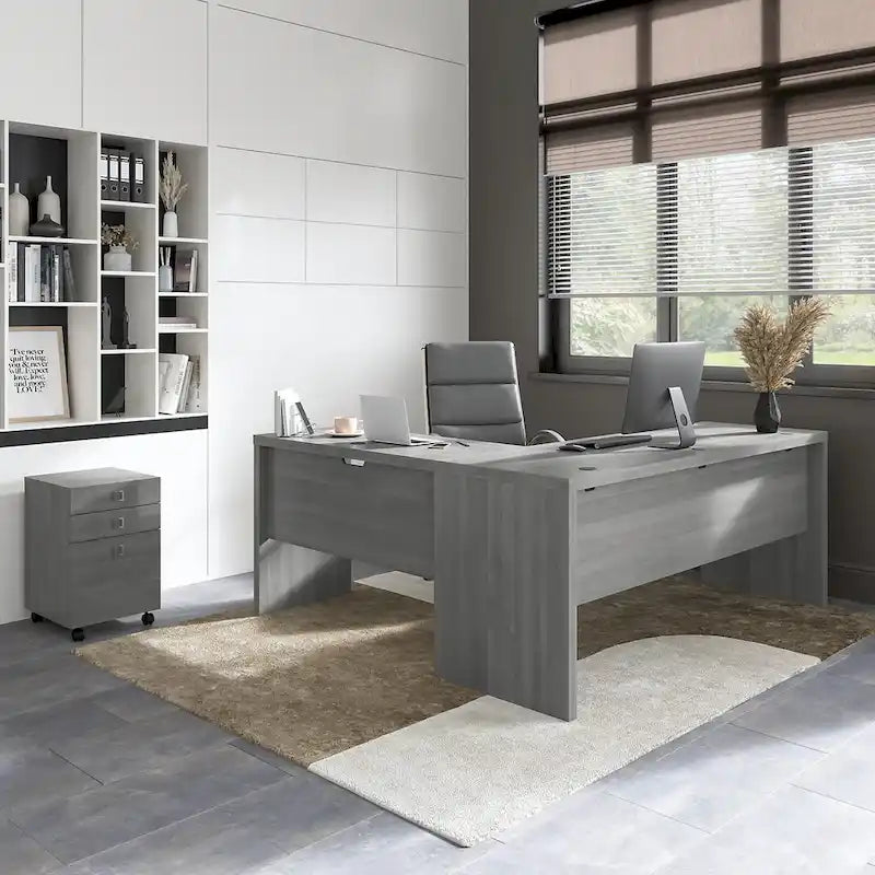 Bureau informatique en L blanc pur avec classeur mobile à 3 tiroirs, 183 cm de large, pour 1 personne