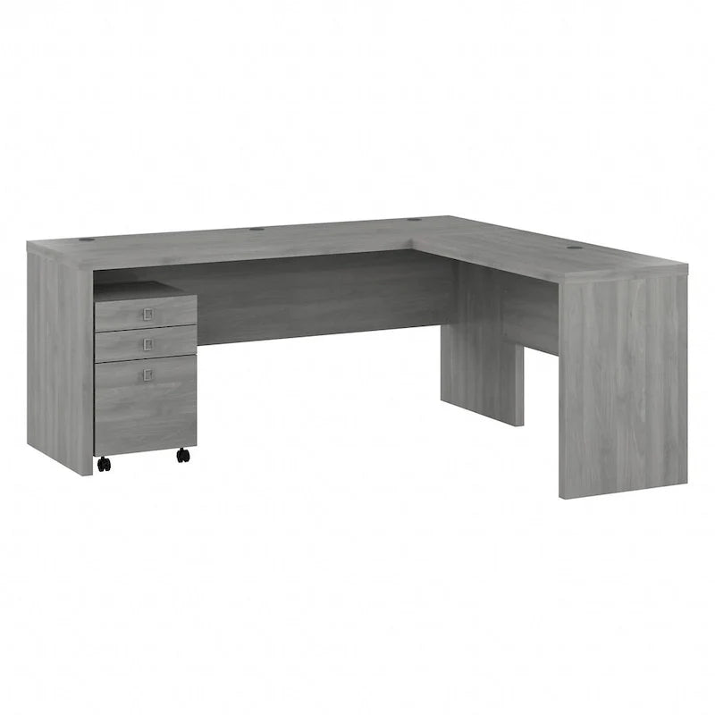 Bureau informatique en L blanc pur avec classeur mobile à 3 tiroirs, 183 cm de large, pour 1 personne