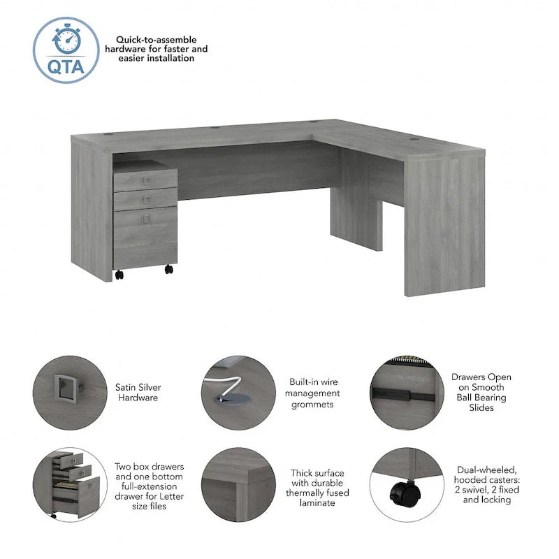 Bureau informatique en L blanc pur avec classeur mobile à 3 tiroirs, 183 cm de large, pour 1 personne