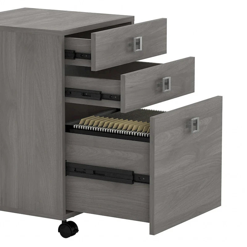 Bureau informatique en L blanc pur avec classeur mobile à 3 tiroirs, 183 cm de large, pour 1 personne
