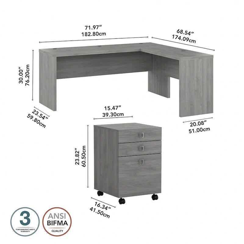 Bureau informatique en L blanc pur avec classeur mobile à 3 tiroirs, 183 cm de large, pour 1 personne