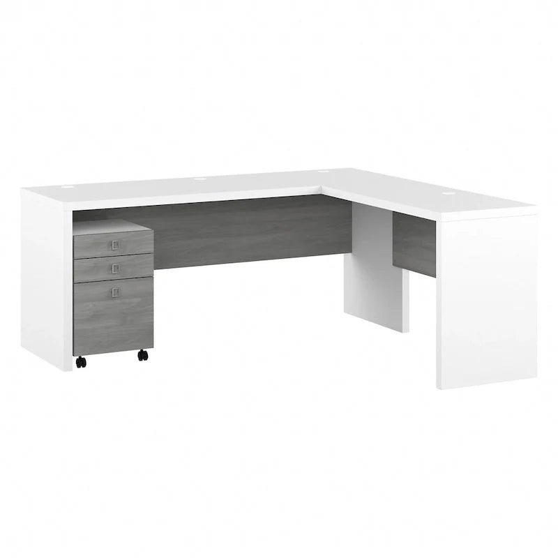 Bureau informatique en L blanc pur avec classeur mobile à 3 tiroirs, 183 cm de large, pour 1 personne