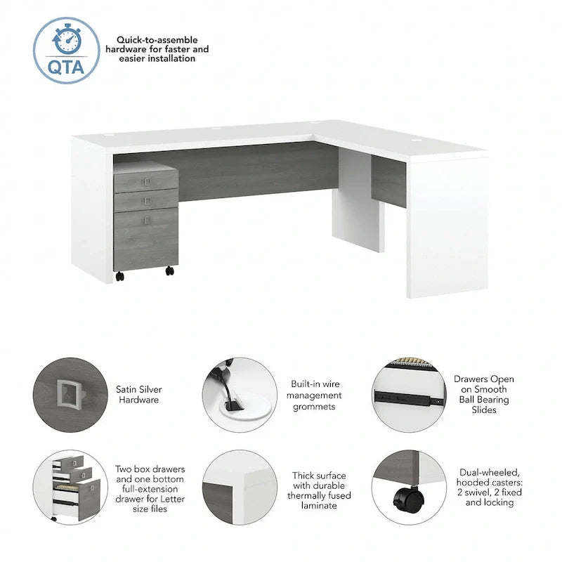Bureau informatique en L blanc pur avec classeur mobile à 3 tiroirs, 183 cm de large, pour 1 personne