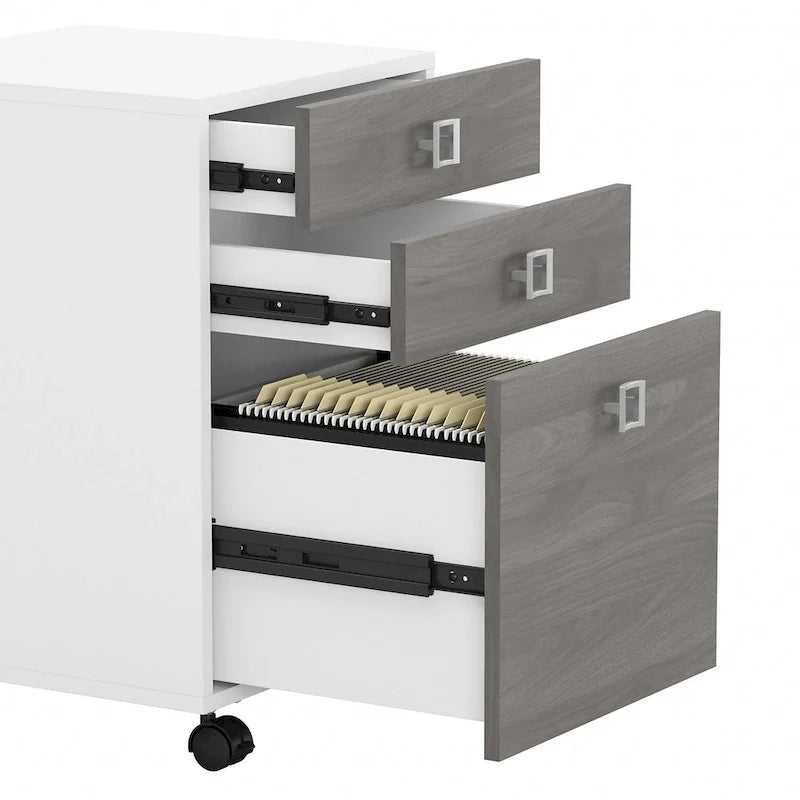 Bureau informatique en L blanc pur avec classeur mobile à 3 tiroirs, 183 cm de large, pour 1 personne