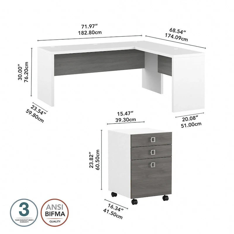 Bureau informatique en L blanc pur avec classeur mobile à 3 tiroirs, 183 cm de large, pour 1 personne
