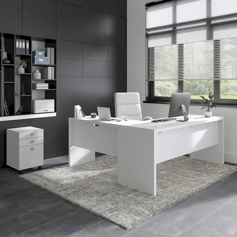 Bureau informatique en L blanc pur avec classeur mobile à 3 tiroirs, 183 cm de large, pour 1 personne