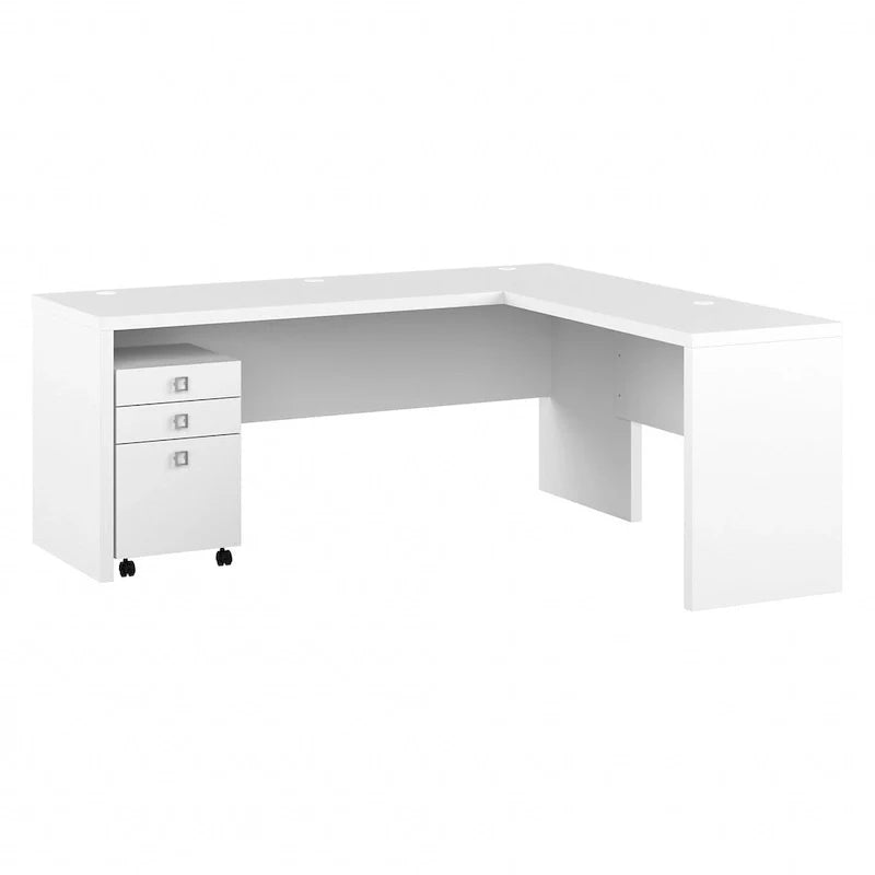 Bureau informatique en L blanc pur avec classeur mobile à 3 tiroirs, 183 cm de large, pour 1 personne