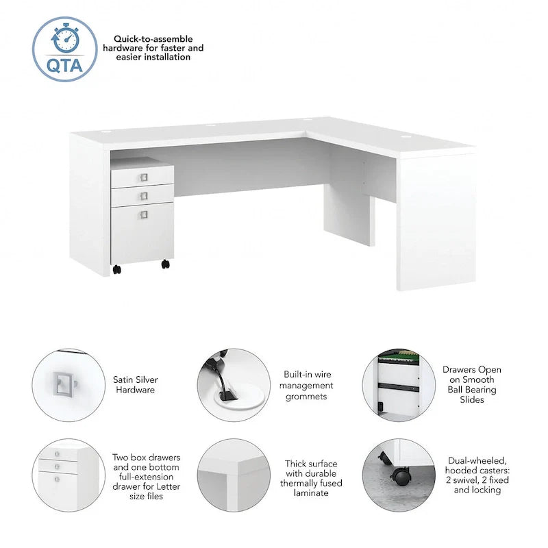 Bureau informatique en L blanc pur avec classeur mobile à 3 tiroirs, 183 cm de large, pour 1 personne