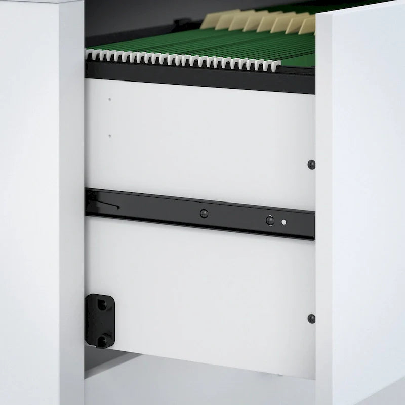 Bureau informatique en L blanc pur avec classeur mobile à 3 tiroirs, 183 cm de large, pour 1 personne