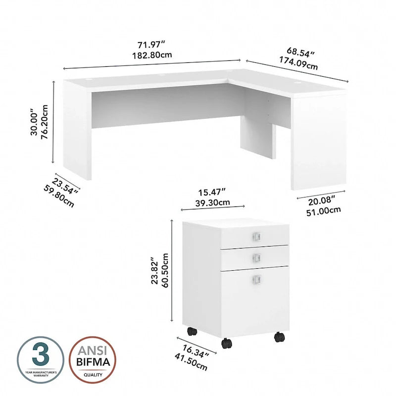 Bureau informatique en L blanc pur avec classeur mobile à 3 tiroirs, 183 cm de large, pour 1 personne