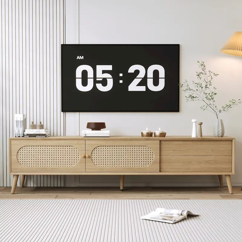 Meuble TV en rotin naturel, style ferme, convient aux téléviseurs jusqu'à 80"