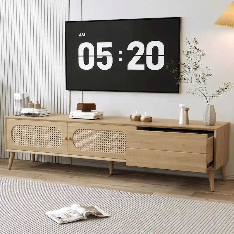 Meuble TV en rotin naturel, style ferme, convient aux téléviseurs jusqu'à 80"