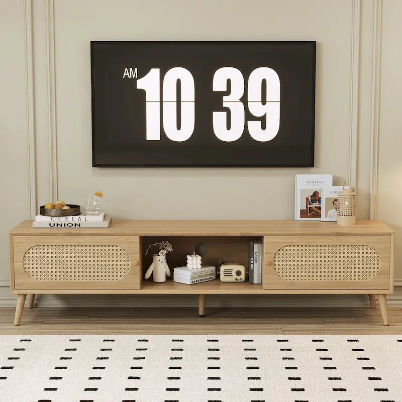 Meuble TV en rotin naturel, style ferme, convient aux téléviseurs jusqu'à 80"