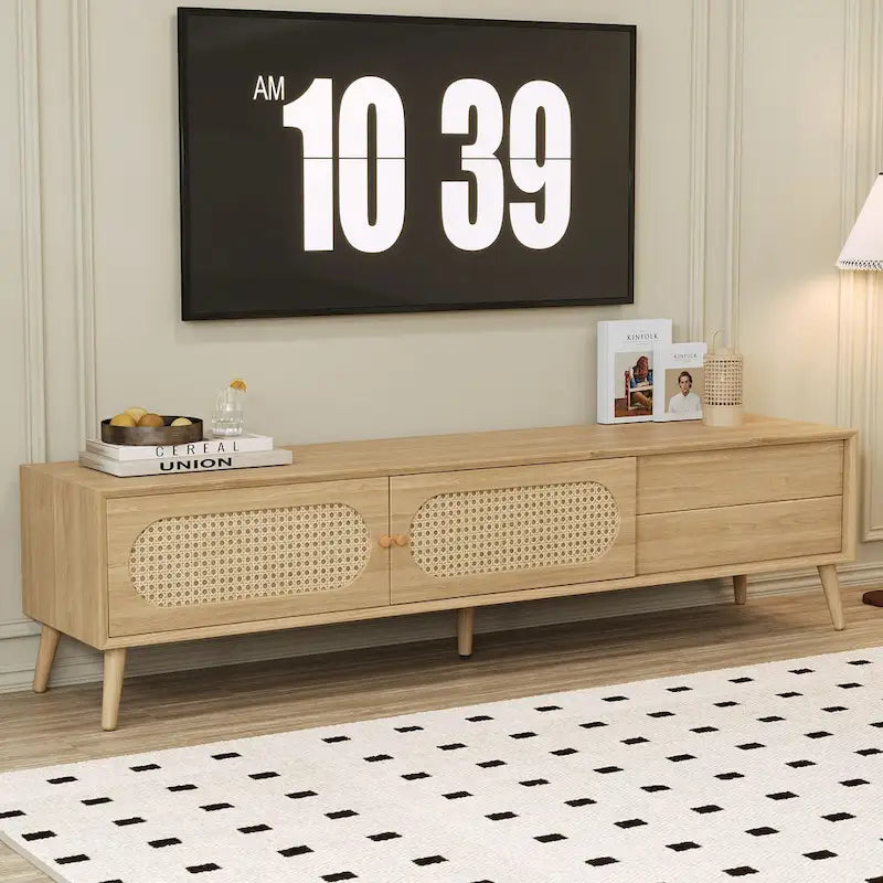 Meuble TV en rotin naturel, style ferme, convient aux téléviseurs jusqu'à 80"