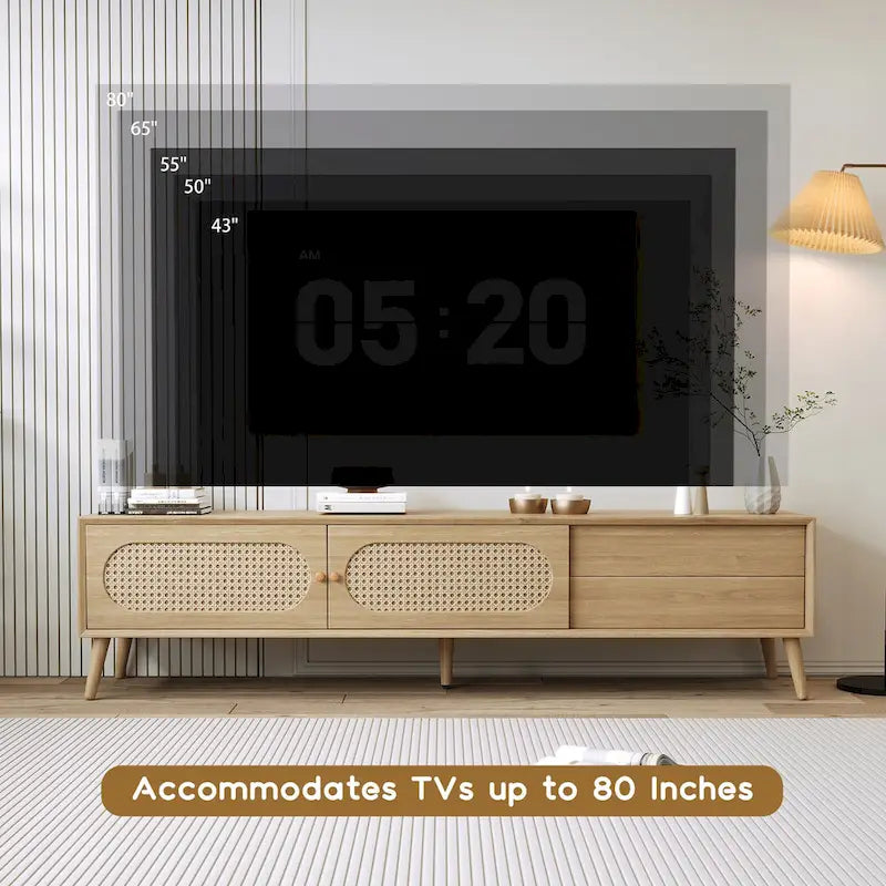 Meuble TV en rotin naturel, style ferme, convient aux téléviseurs jusqu'à 80"