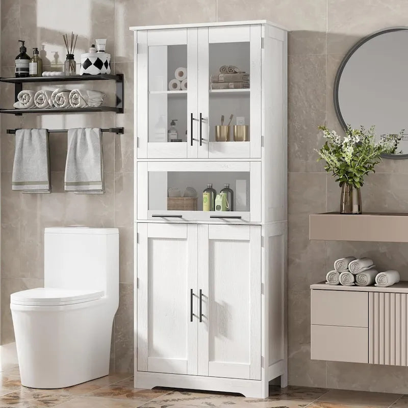 Armoire de rangement haute grise / marron / blanche avec portes vitrées, simple