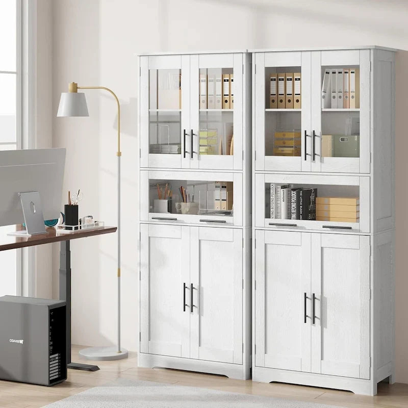 Armoire de rangement haute grise / marron / blanche avec portes vitrées, simple