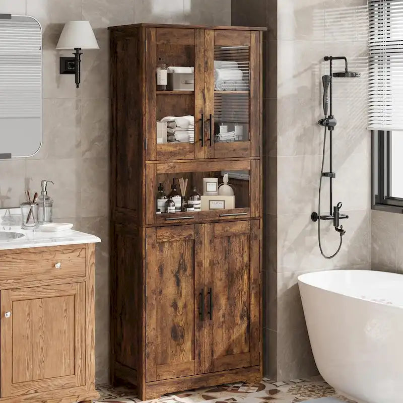 Armoire de rangement haute grise / marron / blanche avec portes vitrées, simple