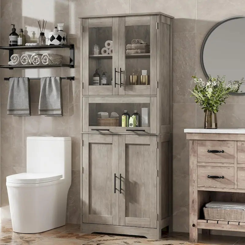 Armoire de rangement haute grise / marron / blanche avec portes vitrées, simple