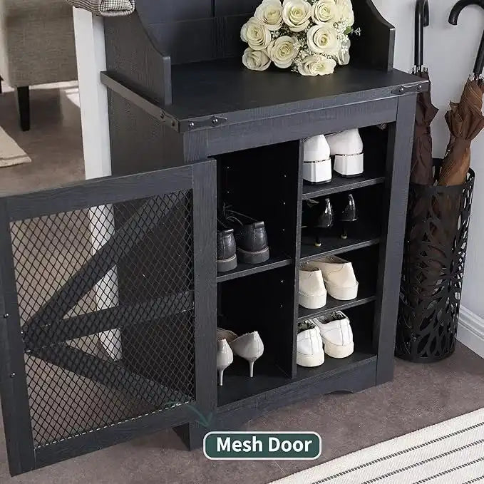 Banc d'entrée/Portemanteau de ferme noir/marron/blanc avec meuble à chaussures et patères, un seul siège