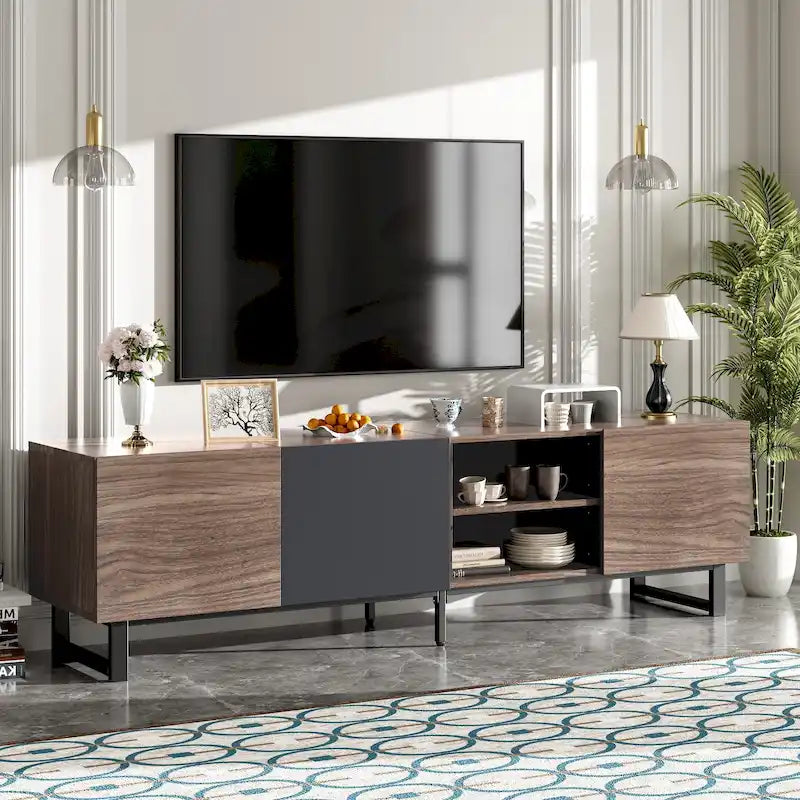 Meuble TV marron foncé avec 3 placards et étagères ouvertes, convient aux téléviseurs jusqu'à 80 pouces
