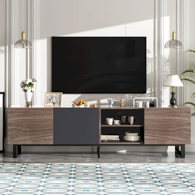 Meuble TV marron foncé avec 3 placards et étagères ouvertes, convient aux téléviseurs jusqu'à 80 pouces