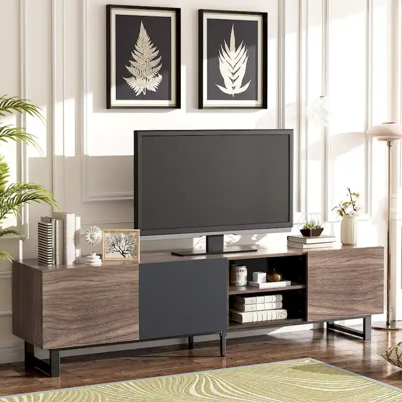 Meuble TV marron foncé avec 3 placards et étagères ouvertes, convient aux téléviseurs jusqu'à 80 pouces