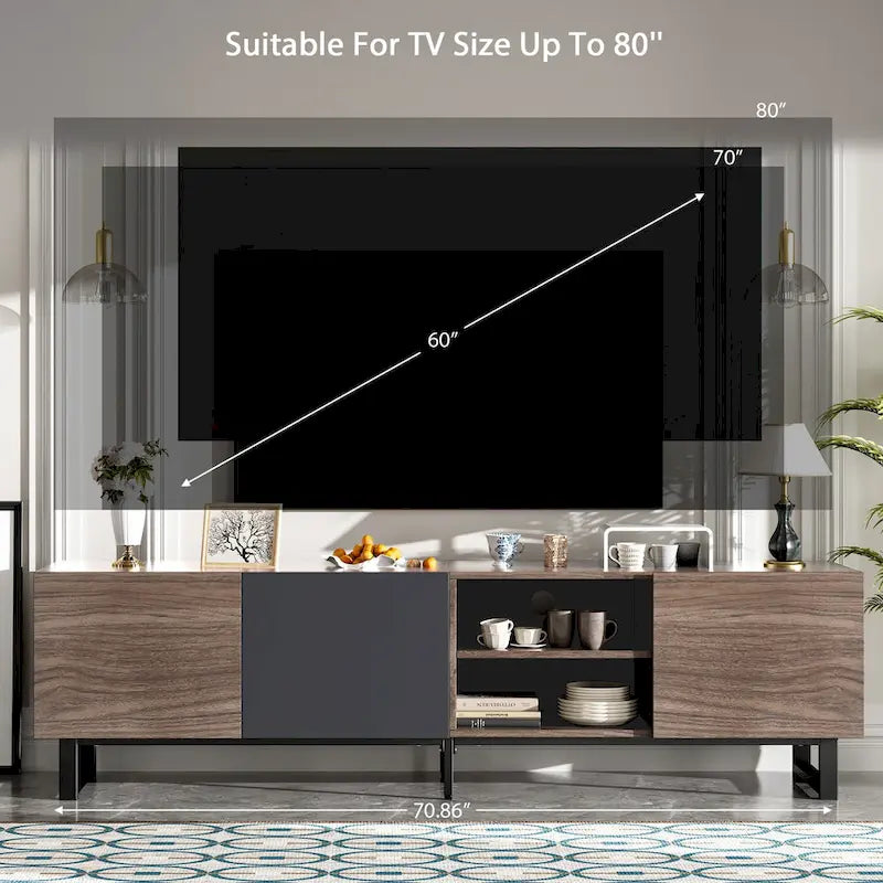 Meuble TV marron foncé avec 3 placards et étagères ouvertes, convient aux téléviseurs jusqu'à 80 pouces