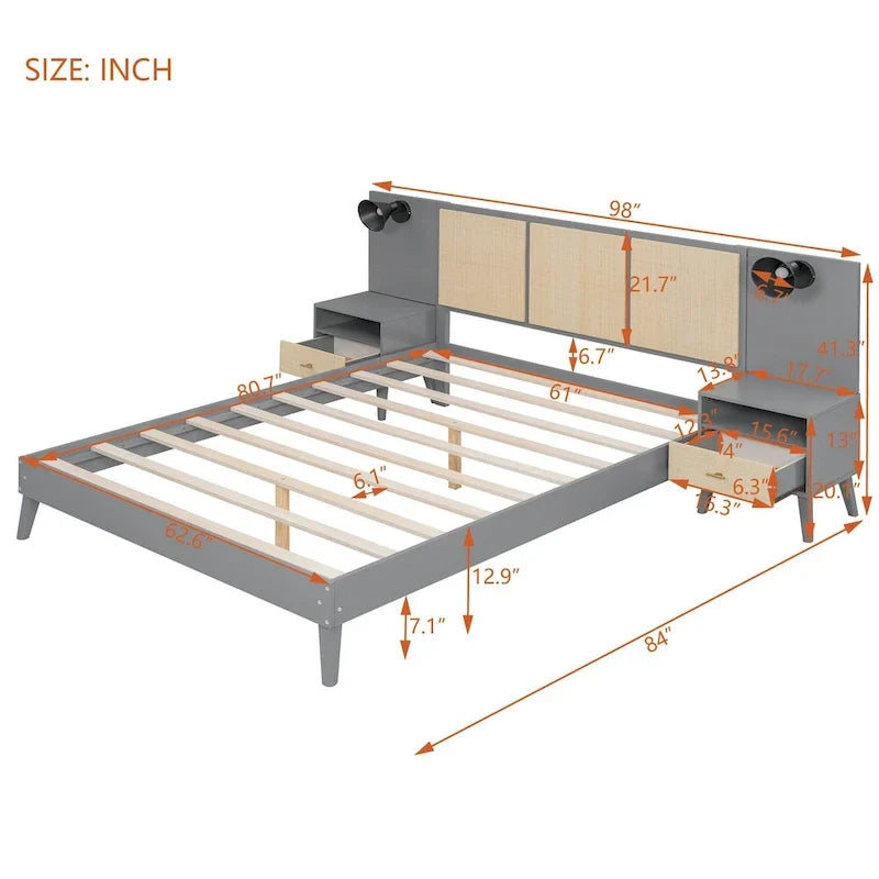 Lit plateforme gris Queen avec tables de chevet et lampes de tête de lit, 2 places