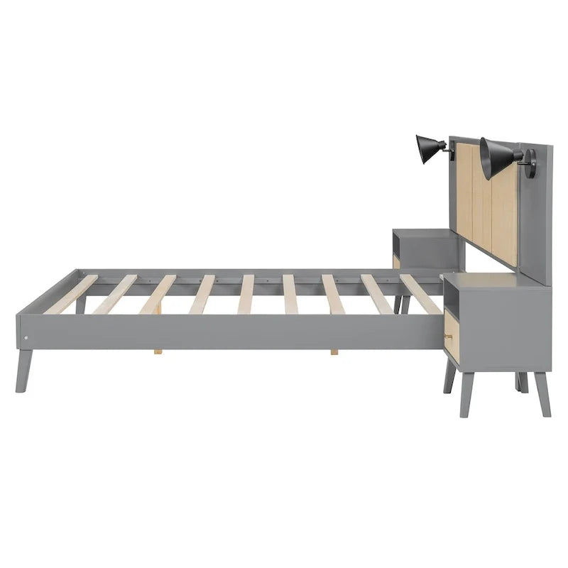 Lit plateforme gris Queen avec tables de chevet et lampes de tête de lit, 2 places