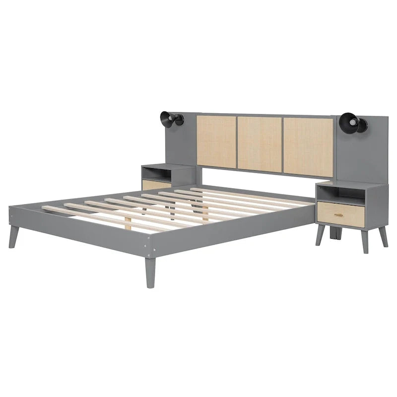 Lit plateforme gris Queen avec tables de chevet et lampes de tête de lit, 2 places