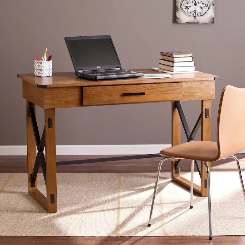 Bureau individuel réglable en hauteur, style industriel, marron