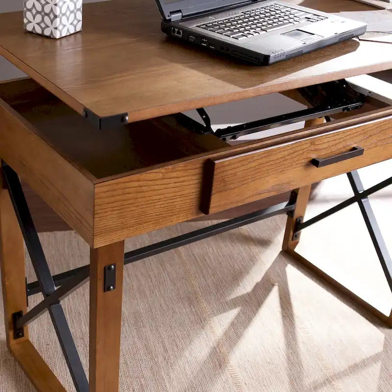Bureau individuel réglable en hauteur, style industriel, marron