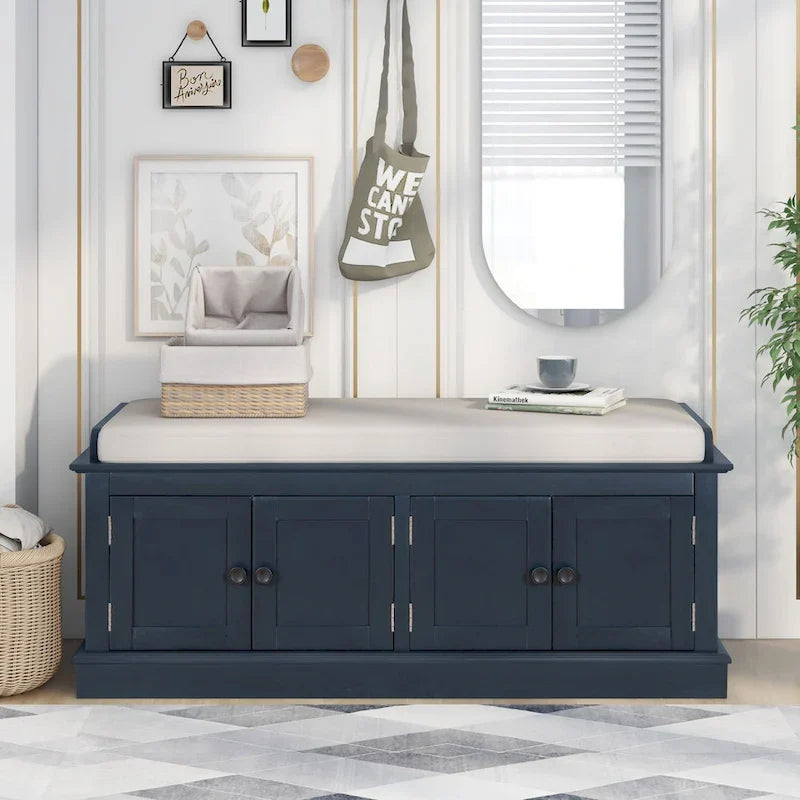 Banc de rangement 4 portes Blanc/Bleu avec étagères réglables et coussin amovible (2 places assises)